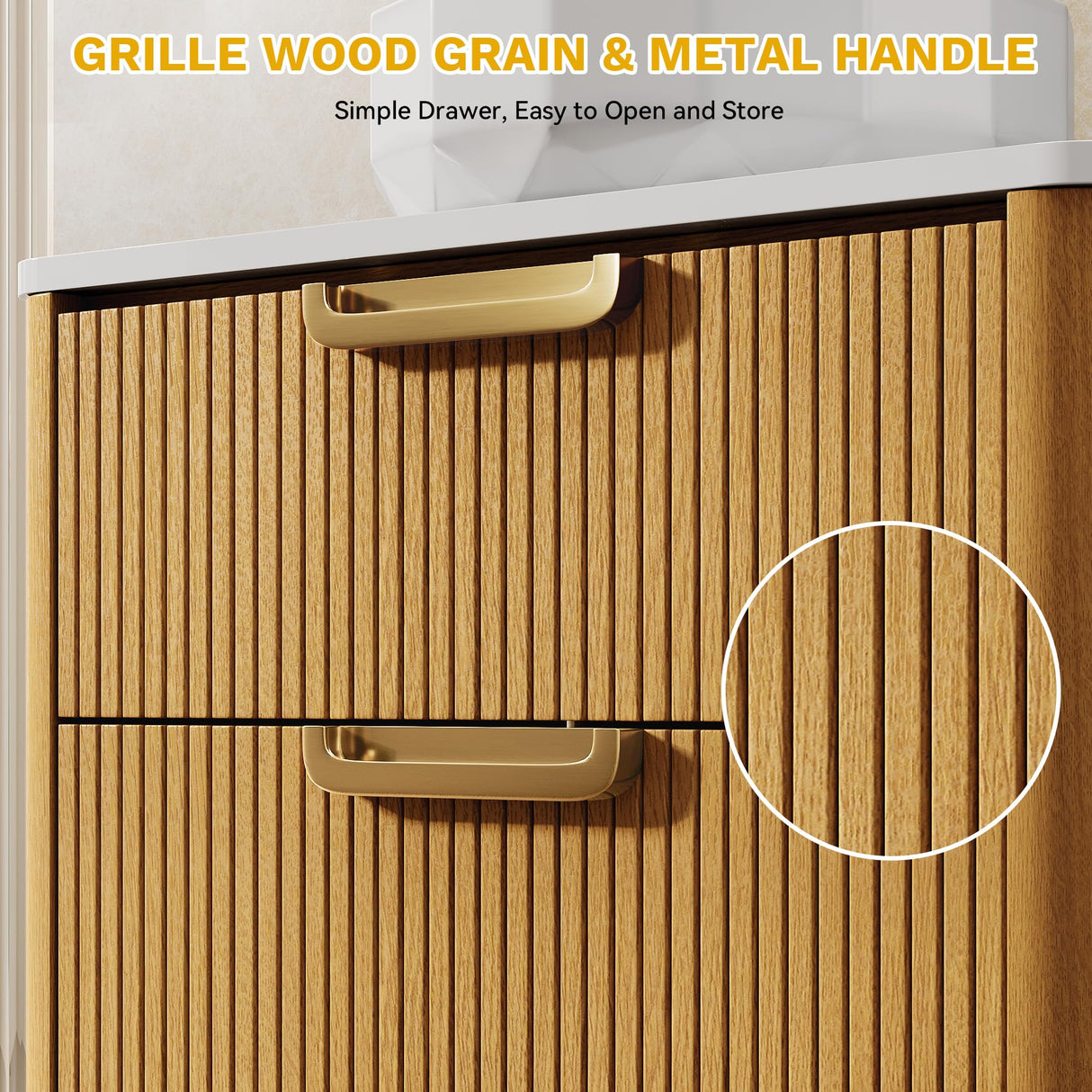 YITAHOME 30 Inch Floating Bathroom Vanity with Sink, Wall-Mounted Vanity with Engineered White Stone Top, 2 Large Storage Drawers with Faceted Ceramic Basin, Wood Grain Texture, Light Walnut YITAHOME