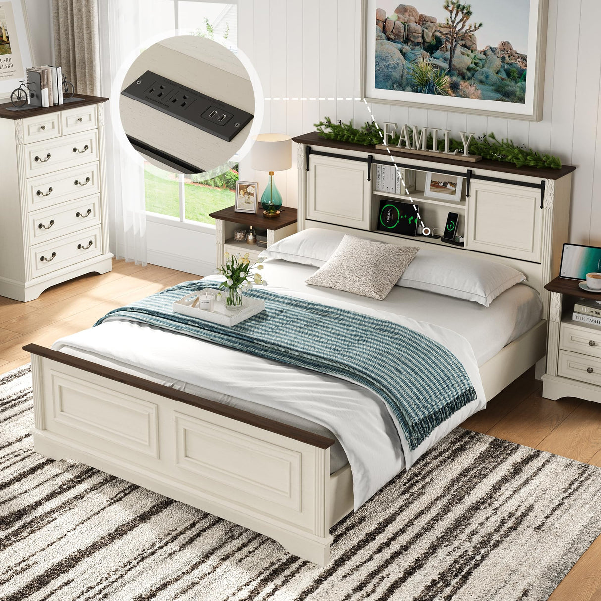 BLANKSPACE Antique White Queen Size Bed Frame with Storage Headboard, Charging Station, Bracket Footboard, Farmhouse Bed Frame with Bookcase and Sliding Barn Doors, Noiseless,No Box Spring Needed BLANKSPACE