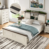 BLANKSPACE Antique White Queen Size Bed Frame with Storage Headboard, Charging Station, Bracket Footboard, Farmhouse Bed Frame with Bookcase and Sliding Barn Doors, Noiseless,No Box Spring Needed BLANKSPACE