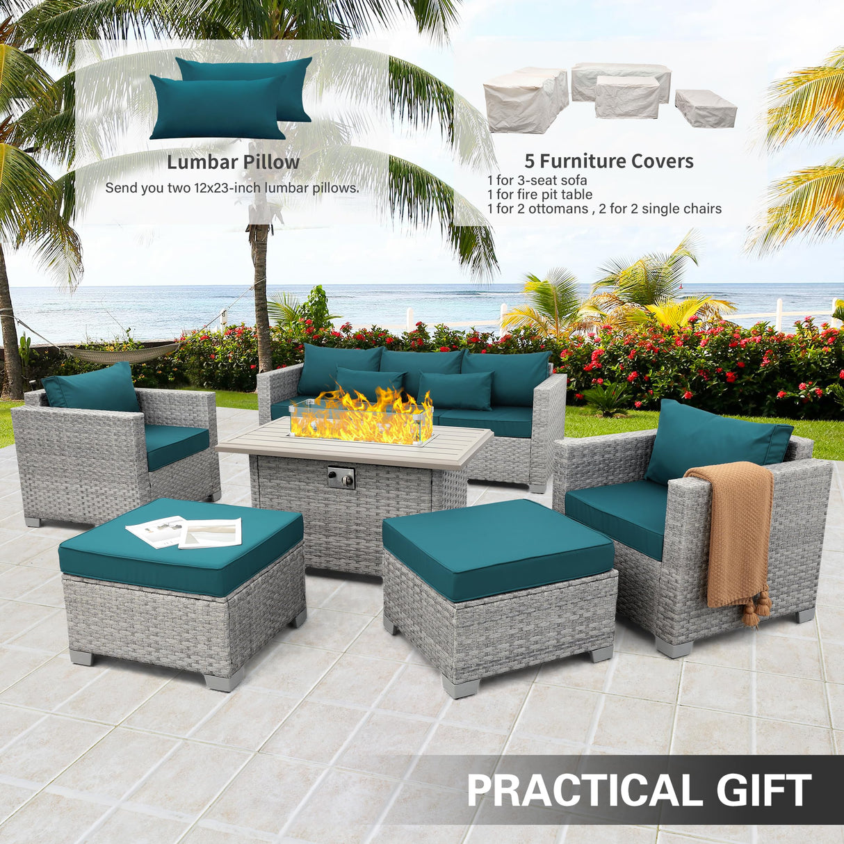WAROOM Patio Furniture Set 6 Piece Grey Wicker Outdoor Furniture Patio Sectional Sofa Couch PE Rattan Conversation Sets with Fire Pit Table, Peacock Blue Cushion WAROOM
