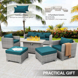 WAROOM Patio Furniture Set 6 Piece Grey Wicker Outdoor Furniture Patio Sectional Sofa Couch PE Rattan Conversation Sets with Fire Pit Table, Peacock Blue Cushion WAROOM