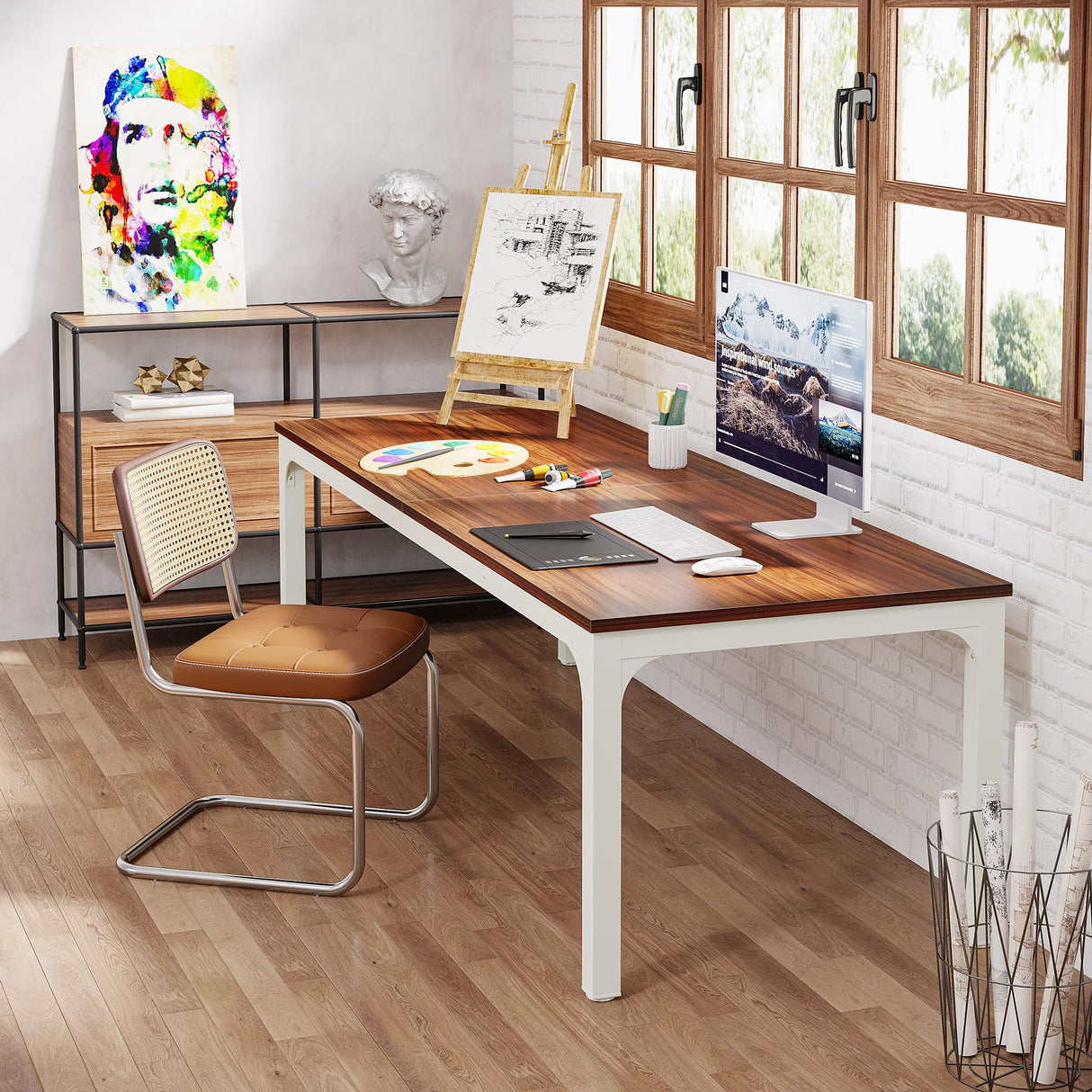 Tribesigns 2-Person Home Office Desk, 78.7" Extra Long Modern Desk, Double Workstation for Home Office, Work Desk for Two People (Walnut) Tribesigns