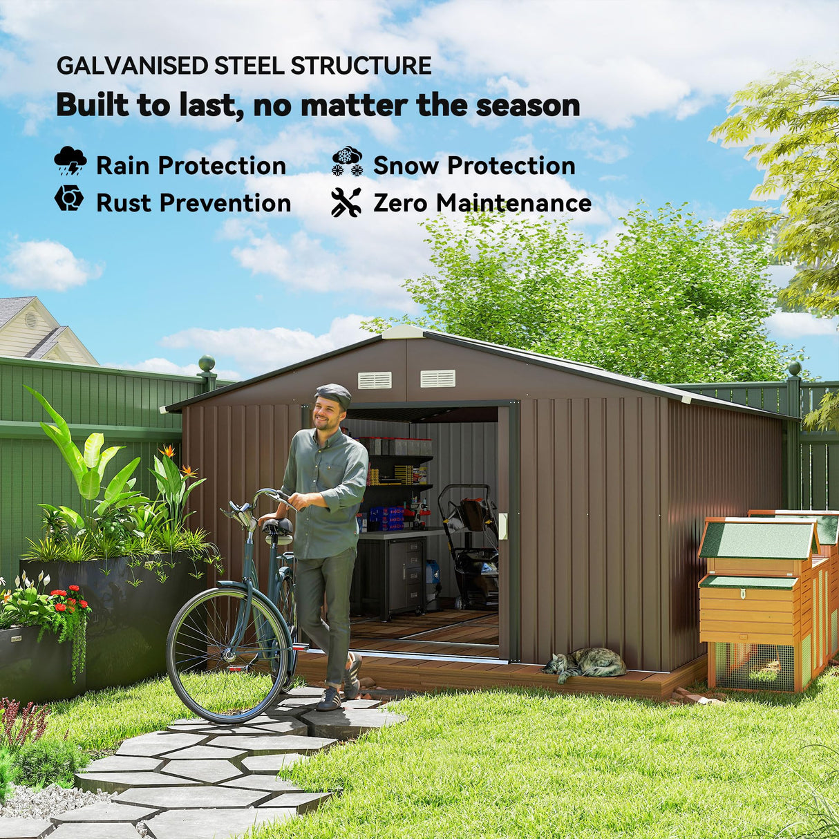 Outsunny 11' x 13' Outdoor Storage Shed, Garden Tool Metal Shed with Foundation Kit, Double Lockable Door, Air Vents and Sloping Roof, for Backyard, Patio, Lawn, Brown Outsunny