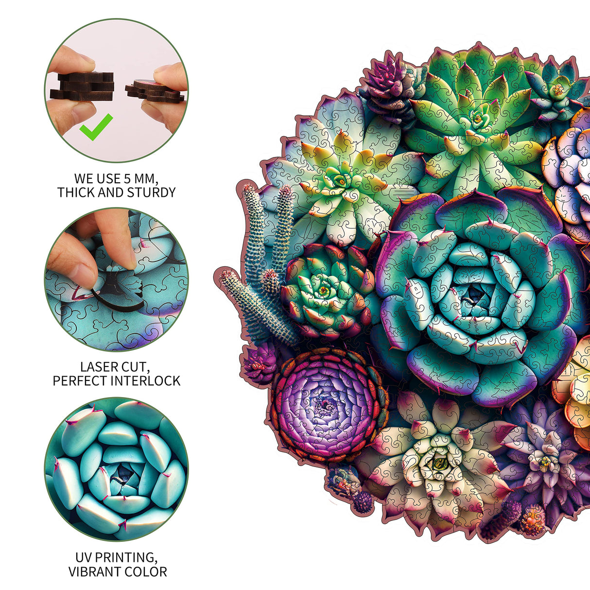 Mys Aurora Unique Wooden Jigsaw Puzzles - Mandala Succulent Plants, 500 Pcs King Size 16.9'' x 16.3'', Luxurious Shaped Wood Puzzle, Beautiful Package, Best Gift for Adults and Kids, Family Game Mys Aurora