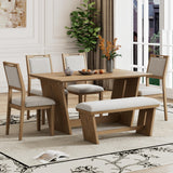 Merax 6-Piece Retro Dining Set, 1 Rectangular Table with Stable Trapezoidal Table Base and 4 Upholstered Chairs and 1 Bench for Dining Room and Kitchen, Natural Wood Wash Merax