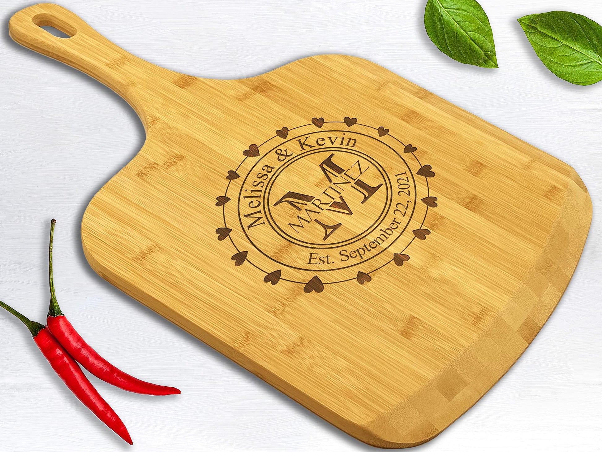 Personalized Bamboo Pizza Board with Handle Customized Wood Serving Cutting Pizza Board with Engraved Custom Name Monogram – Wedding, Anniversary, Housewarming, Birthday, Mom, Dad Gift - WoodArtSupply