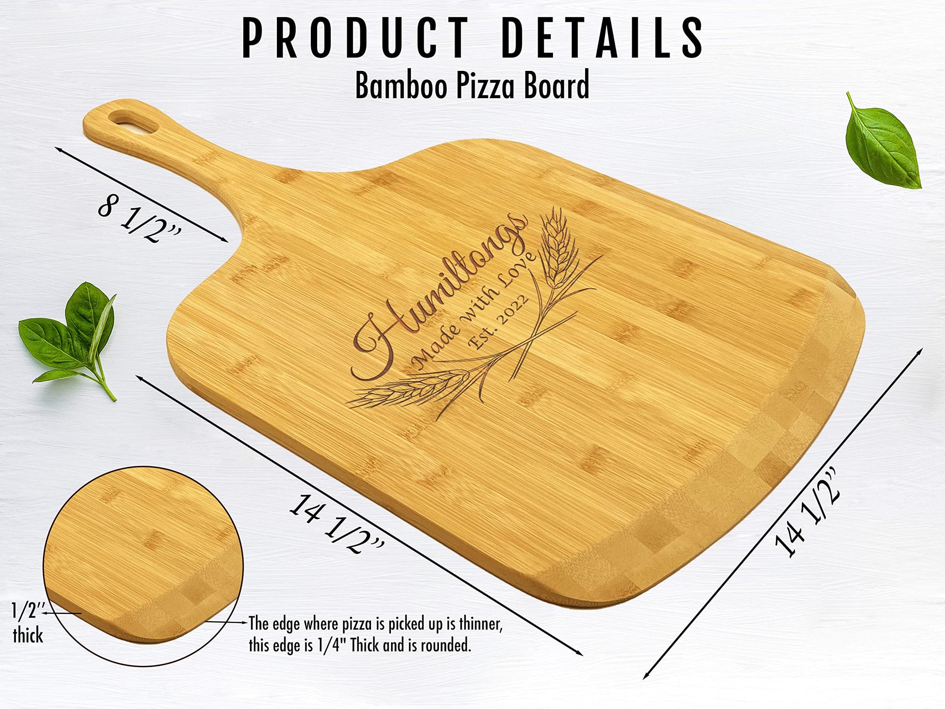 Personalized Bamboo Pizza Board with Handle Customized Wood Serving Cutting Pizza Board with Engraved Custom Name Monogram – Wedding, Anniversary, Housewarming, Birthday, Mom, Dad Gift - WoodArtSupply