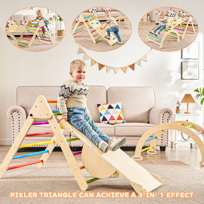 Amoveo Pikler Triangle Set, 4 in 1 Wooden Toddler Climbing Toys Indoor, Indoor Playground with Ramp for Sliding or Climbing, Jungle Gyms for Toddlers 1-3 Age, Montessori Climbing Set (Rainbow-Medium)