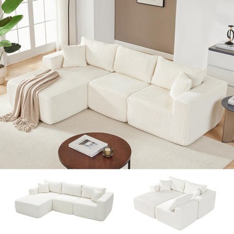 97" Boneless Couches for Living Room, Cloud Couch Sectional with Deep Seat, Comfy Couch with L-Shaped Chaise, Minimalist Upholstered Modular Sectional Sofa, No Assembly Required (Corduroy,Lvory) Huatean Home