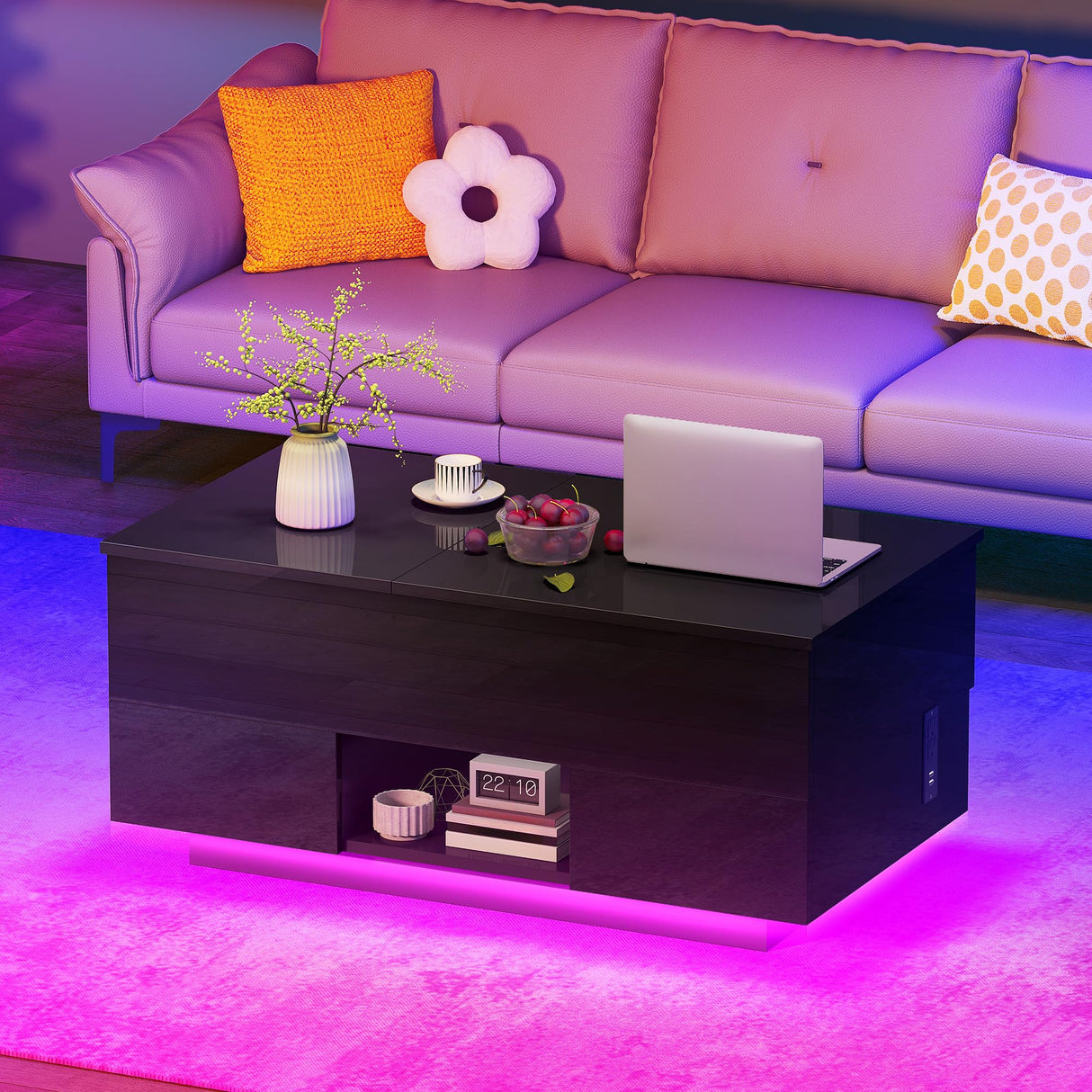 YITAHOME LED Lift Top Coffee Tables for Living Room with Power Outlets Charging Station, Modern Coffee Table with Storage 2 Drawers & Open Shelfs Rectangular Small Center Cocktail Table, Glossy Black YITAHOME