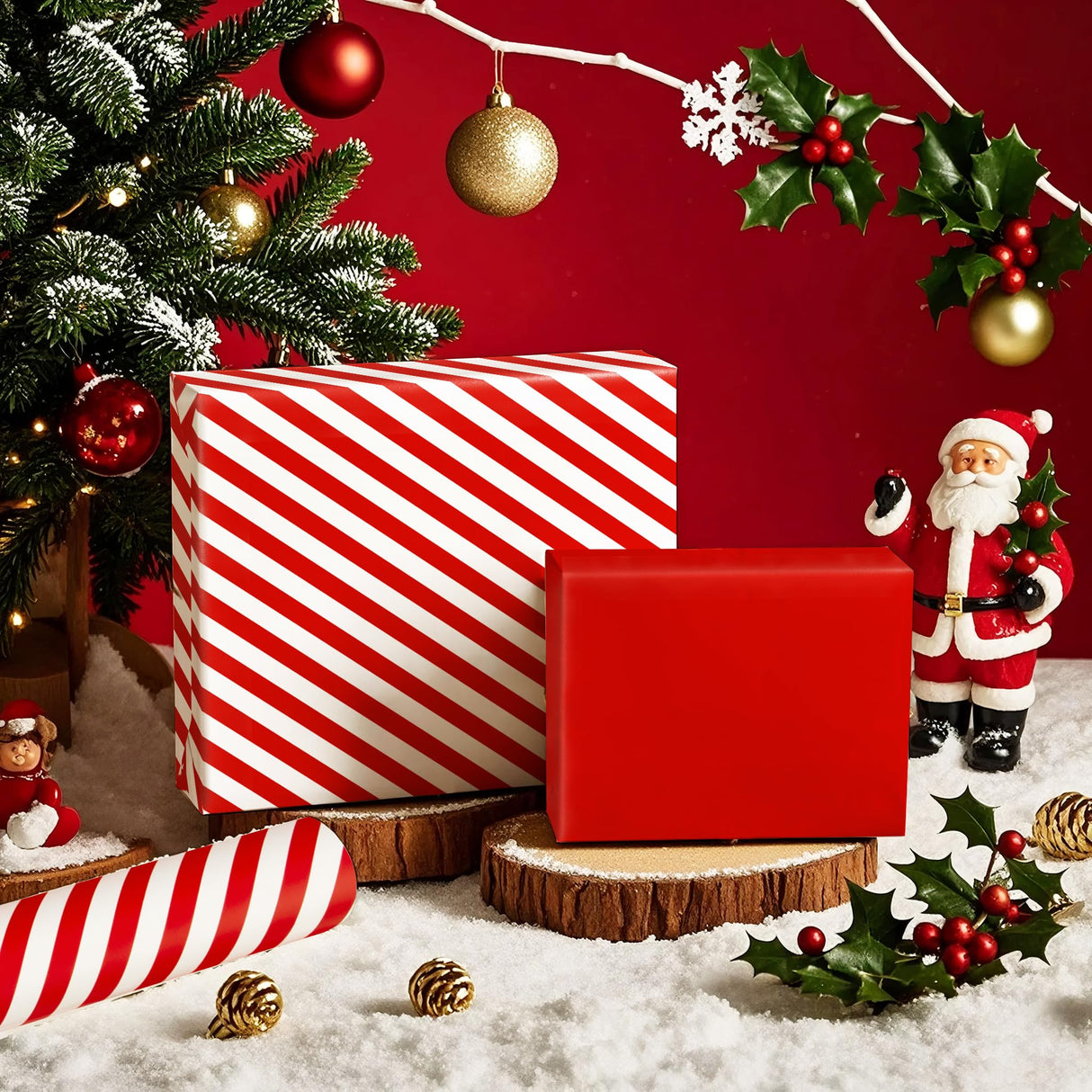 WRAPAHOLIC Reversible Wrapping Paper - Mini Roll - 17 Inch x 33 Feet - Red and Stripes Design for Christmas, Birthday, Holiday, Wedding, Baby Shower WRAPAHOLIC