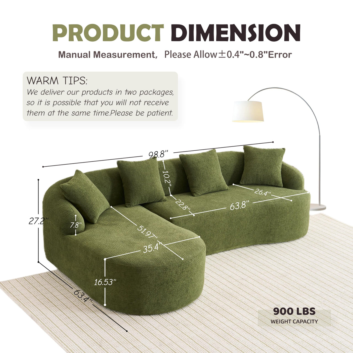 99" Oversized Curved Sectional Sofa with Chaise, Modern L-Shaped Chenille Cloud Couch, Extra Wide Deep Seat 4-Seater Couch with Pillows for Living Room, Apartment, or Home Theater, Green TTK