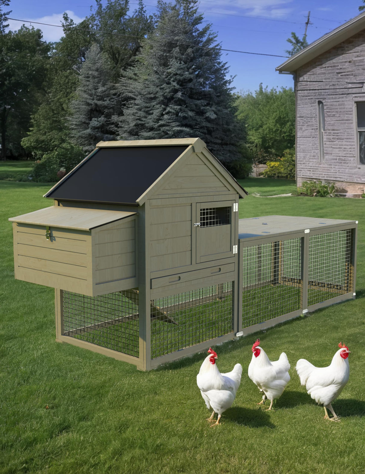 Fitenlor Large Chicken Coop, Wooden Chicken Coop for 3 4 5 Chickens, 109in Outdoor Hen House with Run, Waterproof Roof, Nesting Box, Pull Out Trays and Ramp, Wood Color Fitenlor