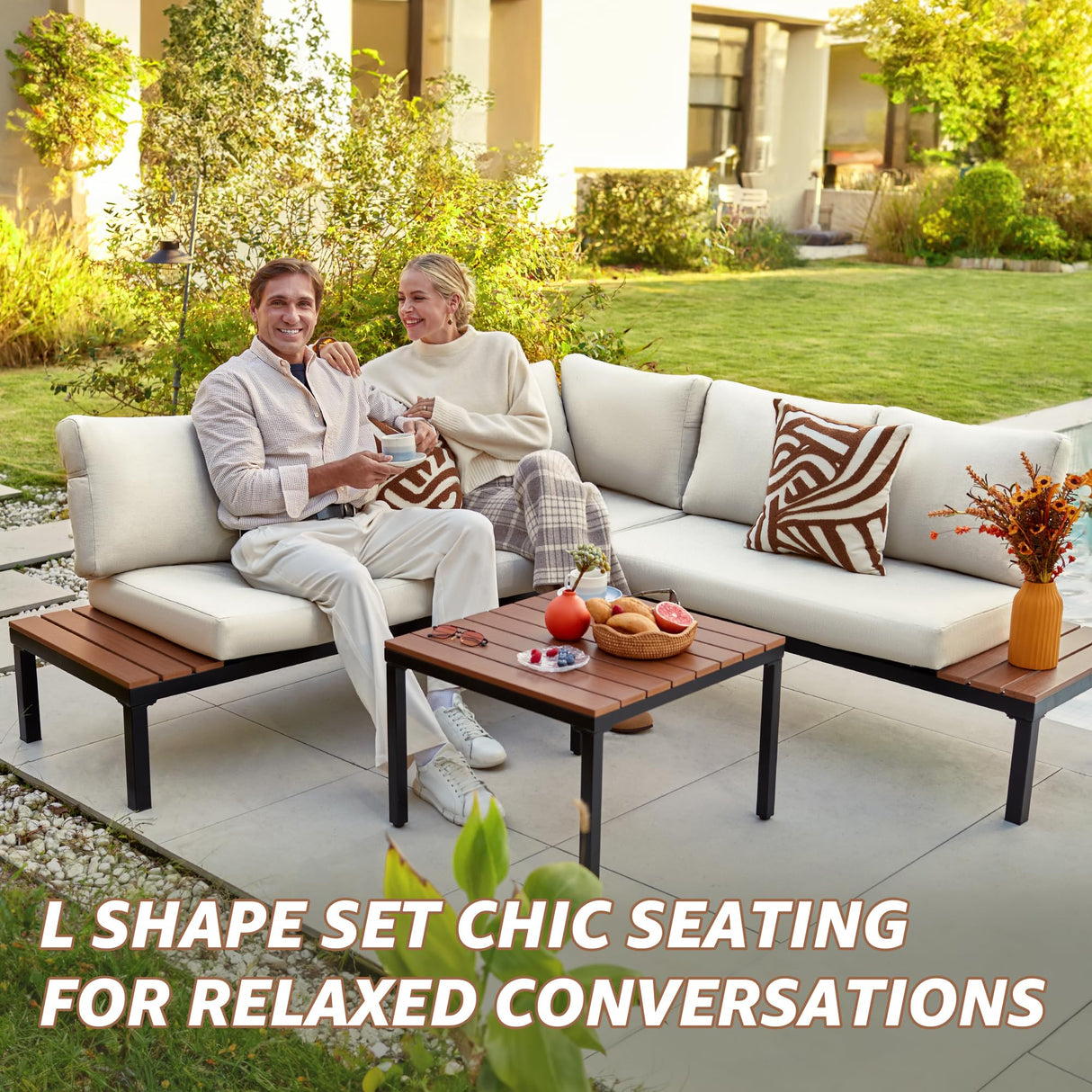 NATURAL EXPRESSIONS Patio Furniture Sets, Metal Outdoor Sectional L Shape Corner Sofa Outdoor Couch with Detachable Backrest,3 Fauxwood Tables,Black Frame,Beige Olefin Cushions for Yard,Garden NATURAL EXPRESSIONS