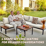 NATURAL EXPRESSIONS Patio Furniture Sets, Metal Outdoor Sectional L Shape Corner Sofa Outdoor Couch with Detachable Backrest,3 Fauxwood Tables,Black Frame,Beige Olefin Cushions for Yard,Garden NATURAL EXPRESSIONS