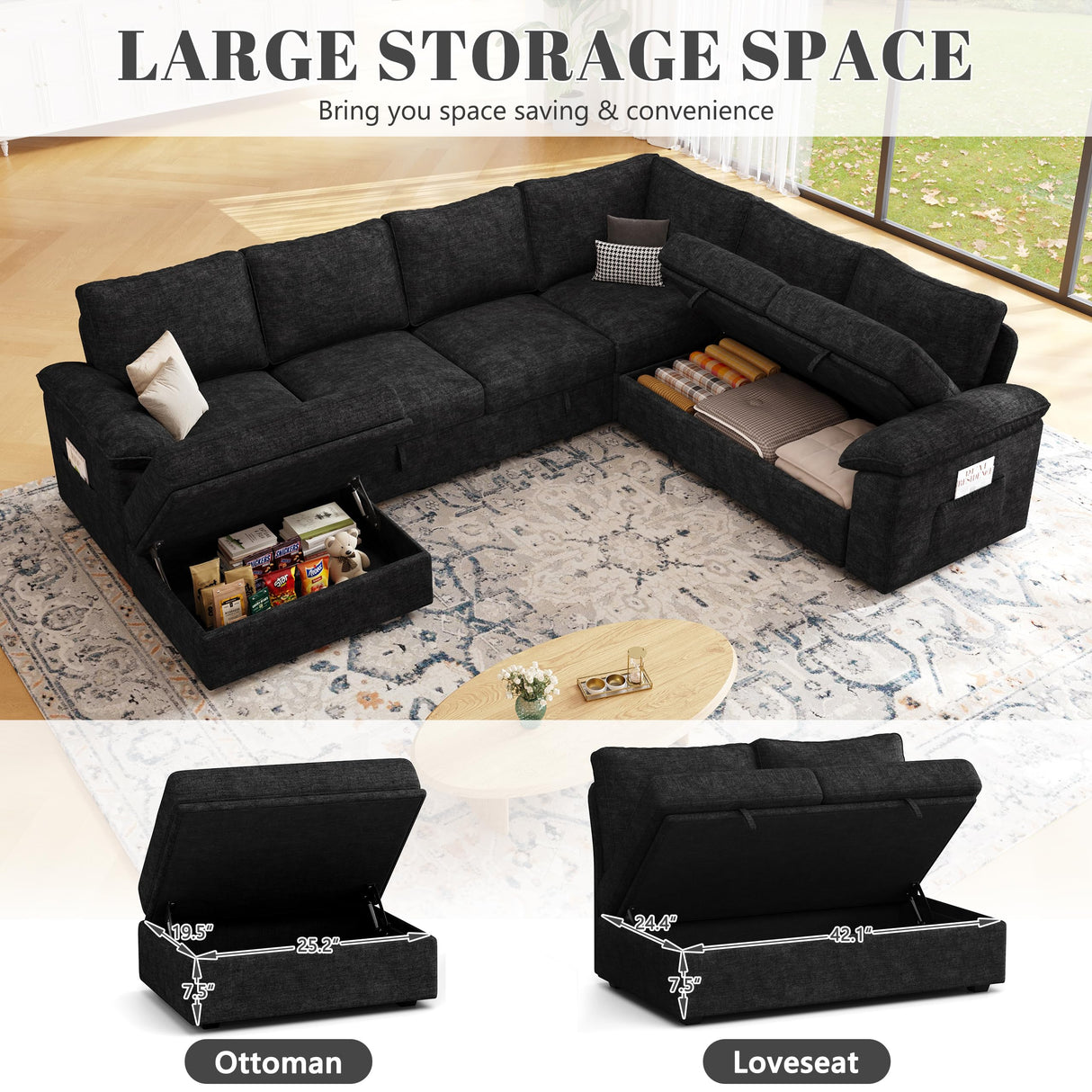 SUAWY 108 Inch Modular Sectional Sofa with Pull Out Bed, U Shaped 7 Seat Sectional Sleeper Sofa with Storage, Sectional Couches for Living Room,Cloud Modular Couch, Removable Sofa Cover, Black SUAWY