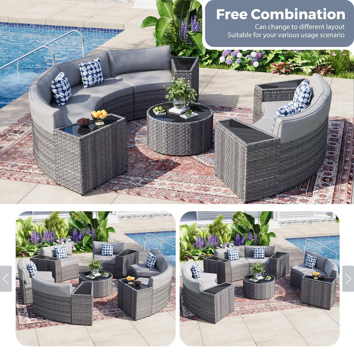 WACASA 11 PCS Curved Rattan Patio Furniture Set – Outdoor Sectional Sofa with Waterproof Cushions, Coffee Table, Side Tables & Pillows, Natural Wicker Conversation Set for Garden, Backyard, Deck WACASA