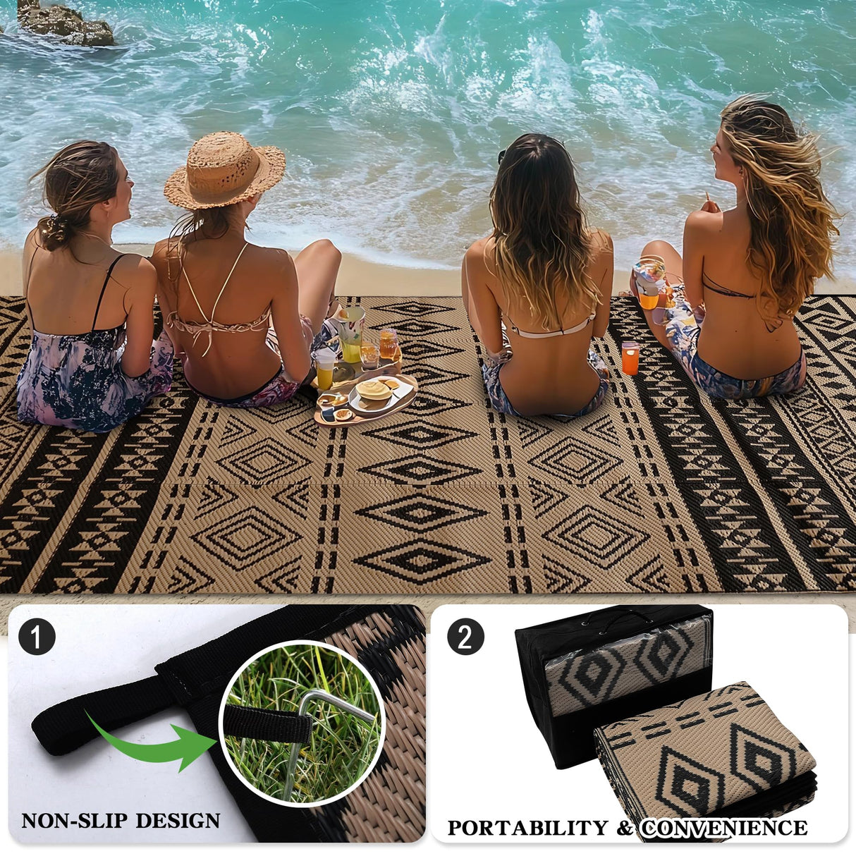 Wallona Outdoor Rugs 5x8 ft Patio Waterproof Clearance Indoor Outdoor Carpet for Patio Plastic Straw Reversible Area Rugs Mat for RV, Camping, Balcony, Beach, Picnic, Porch, Boho Black & Brown Wallona
