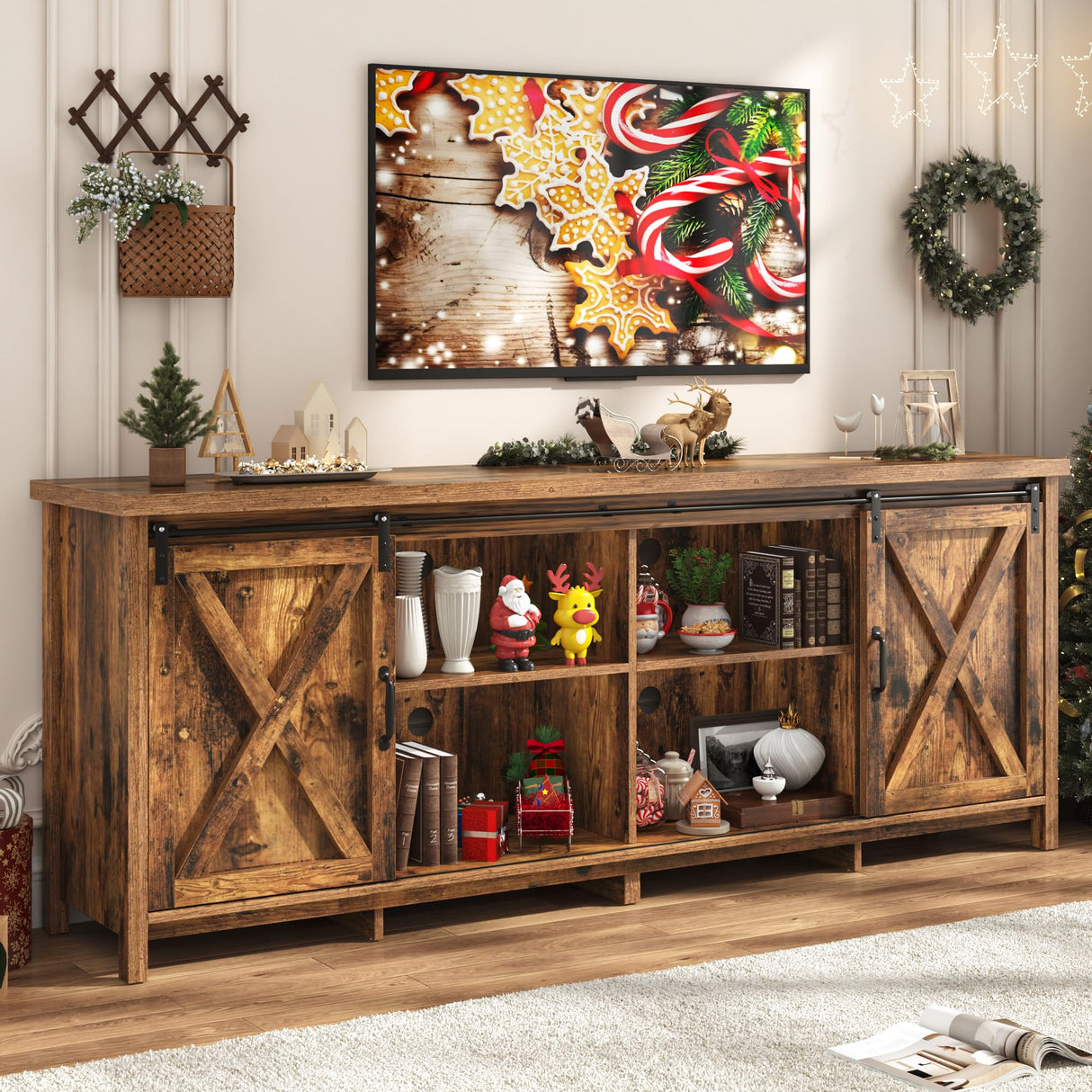 Farmhouse TV Stand for 80 Inch TV with Sliding Barn Door, Rustic Wood Entertainment Center Large Media Console Cabinet Long Television Stands,Console Table and Media Furniture for Living Room(Brown) chartustriable