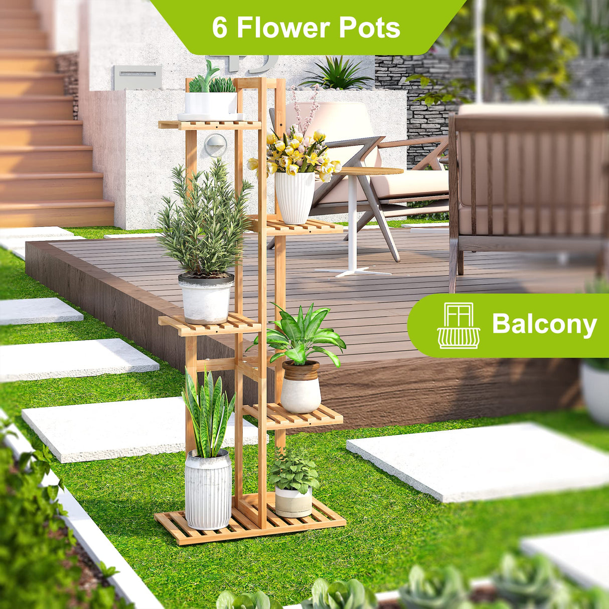 BMOSU Bamboo Plant Stand For Indoor Outdoor Plants Corner Plant Shelf Flower Stands Tall Plant Shelf 6 Potted Holder Shelf Plant Rack Potted Plant Holder Display Rack For Balcony Bedroom Living BMOSU