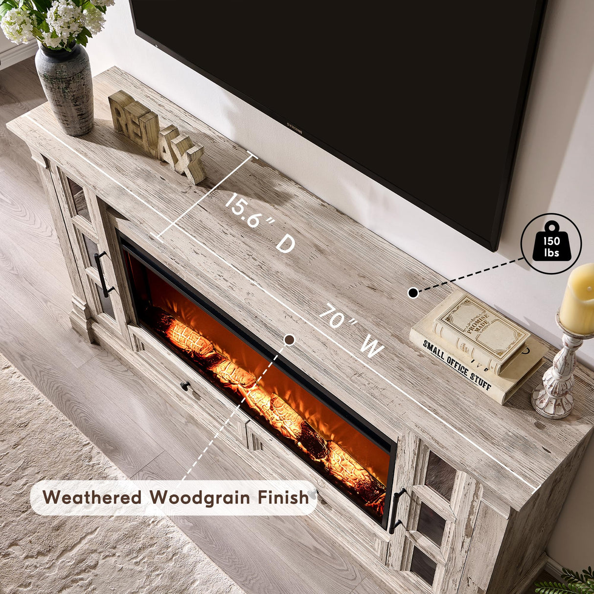 OKD TV Stand with Fireplace for up-to-80 TV, Farmhouse 72" Entertainment Center with 42" Electric Fireplace, TV Console with Glass Door Cabinets & Drawers for Living Room, Antique Brush White OKD