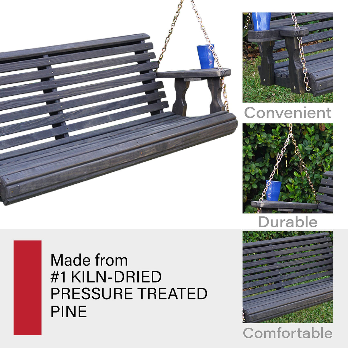 Amish Casual Heavy Duty 700 Lb Roll Back Treated Porch Swing with Hanging Chains and Cupholders (5 Foot, Semi-Solid Black Stain) Amish Casual