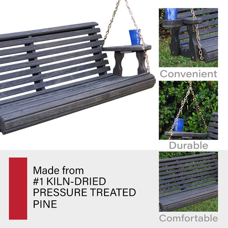 Amish Casual Heavy Duty 700 Lb Roll Back Treated Porch Swing with Hanging Chains and Cupholders (5 Foot, Semi-Solid Black Stain) Amish Casual