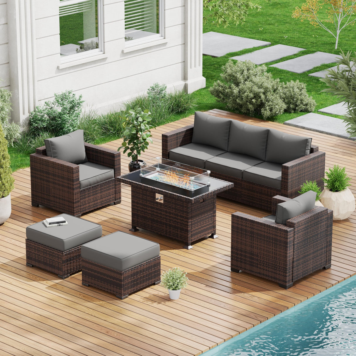 Amopatio Outdoor Patio Furniture Sets, 8 Pieces Wicker Patio Furniture, Outdoor Sectional Patio Couch Set with Ottoman, Outdoor Conversation Set with 44" Gas Fire Pit for Outside (Grey) Amopatio