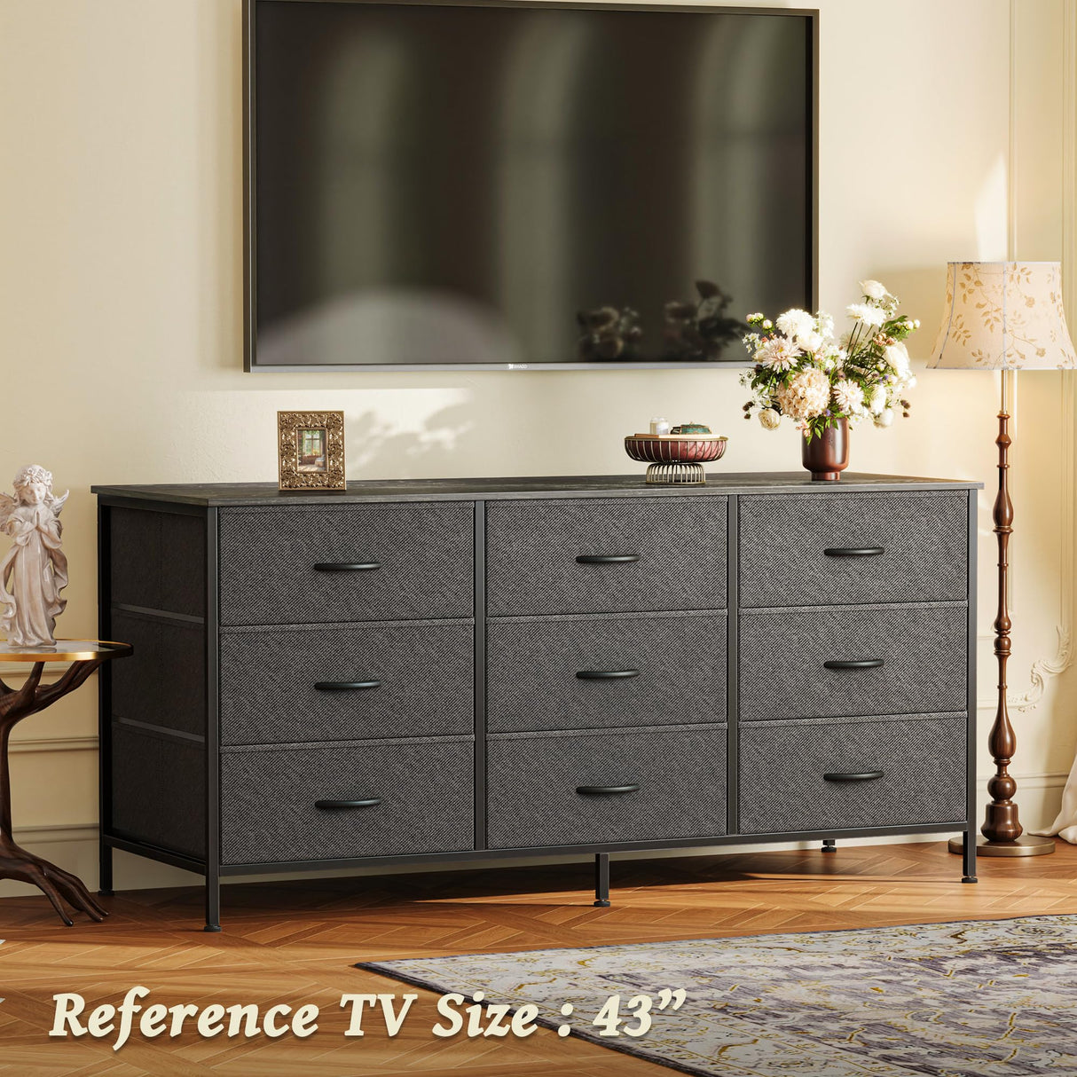Huuger 9 Drawer Dresser, 47 Inch Dresser TV Stand for 50, 55 Inch TV, Entertainment Center with Drawers, Fabric Dresser Chest of Drawer for Bedroom, Closet, Black Huuger