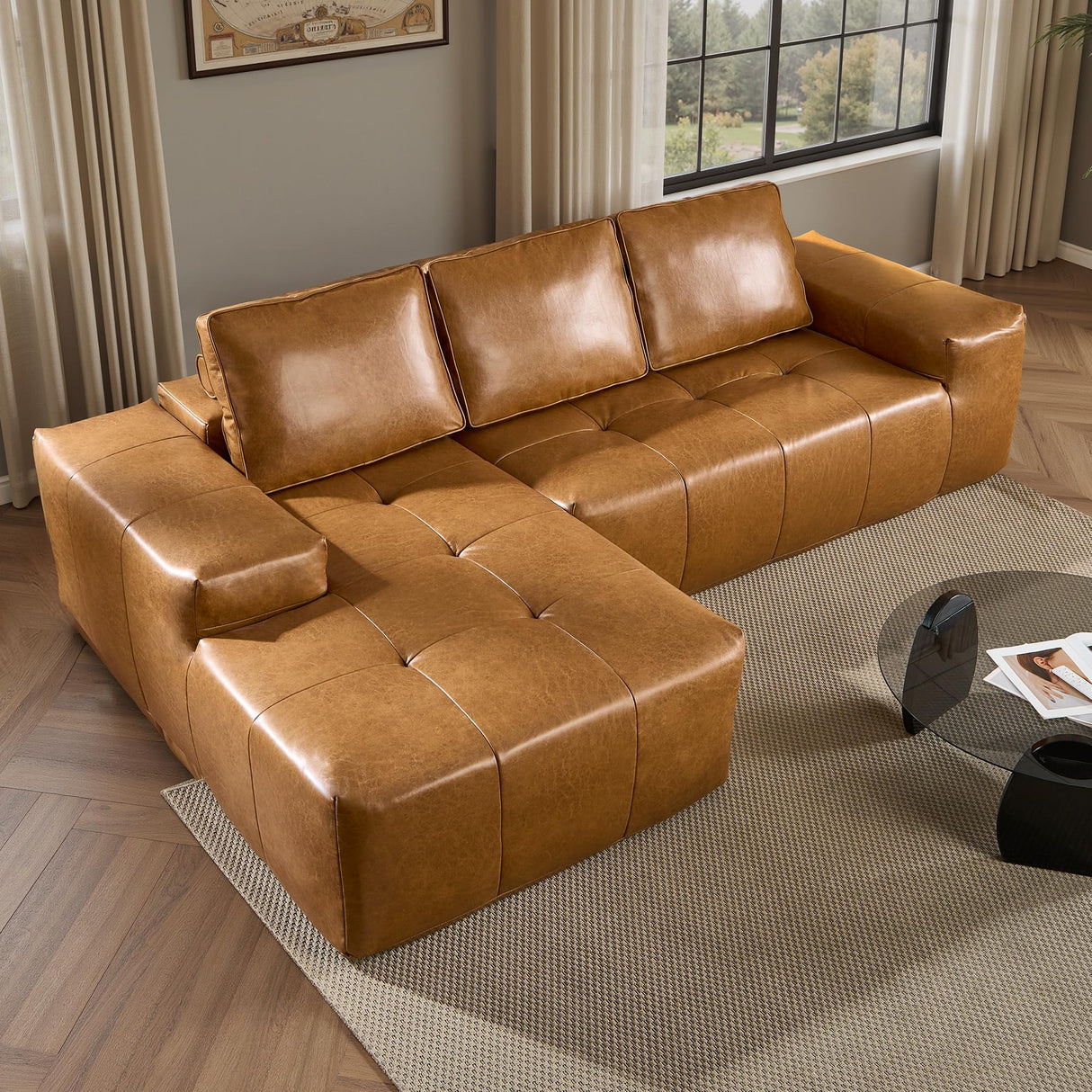 ovios Sectional Cloud Couch for Living Room, Modular Floor Sofa with Plush Corduroy, No Assembly Required, Big Comfy Couches Set with Fluffy Memory Foam, Stupendous U Shaped Sofas with Chaise, Brown ovios