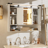 Mirror Medicine Cabinet Wall Mounted,Wall Cabinet with Lights, Bathroom Medicine Cabinet with Sliding Barn Door,Bathroom Vanity Cabinet with 2 Adjustable Shelf,3 Colors Touch LED Lights,White SDMY