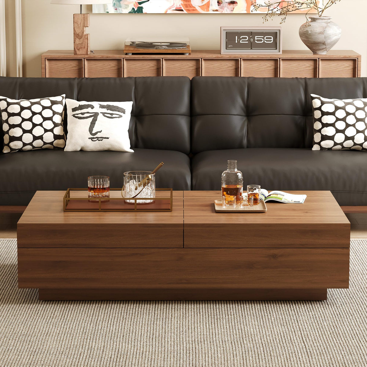 Mid-Century Modern Expandable Coffee Table, 47.2"-81.8" Adjustable Walnut Center Table with Large Hidden Storage for Living Room NessCarsti