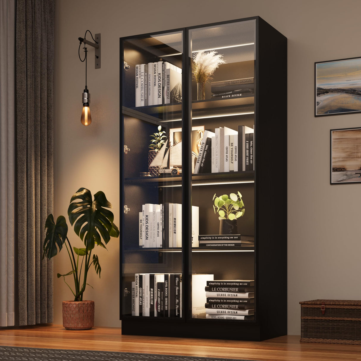 Jartoil Display Cabinet with Glass Doors & Lights, 4-Tier LED Storage Cabinet for Curio, Trophy Display, Lighted Bookcase for Home Office, Black Jartoil