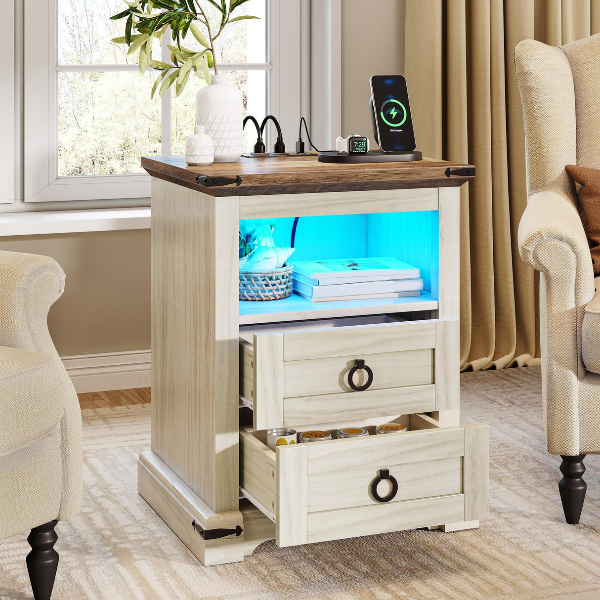 YITAHOME Farmhouse Nightstand with Charging Station, 2 Drawers Night Stand for Bedroom, LED End Table Side Table w/Open Shelf, Set of 2, Off White+Walnut Grain YITAHOME