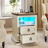 YITAHOME Farmhouse Nightstand with Charging Station, 2 Drawers Night Stand for Bedroom, LED End Table Side Table w/Open Shelf, Set of 2, Off White+Walnut Grain YITAHOME