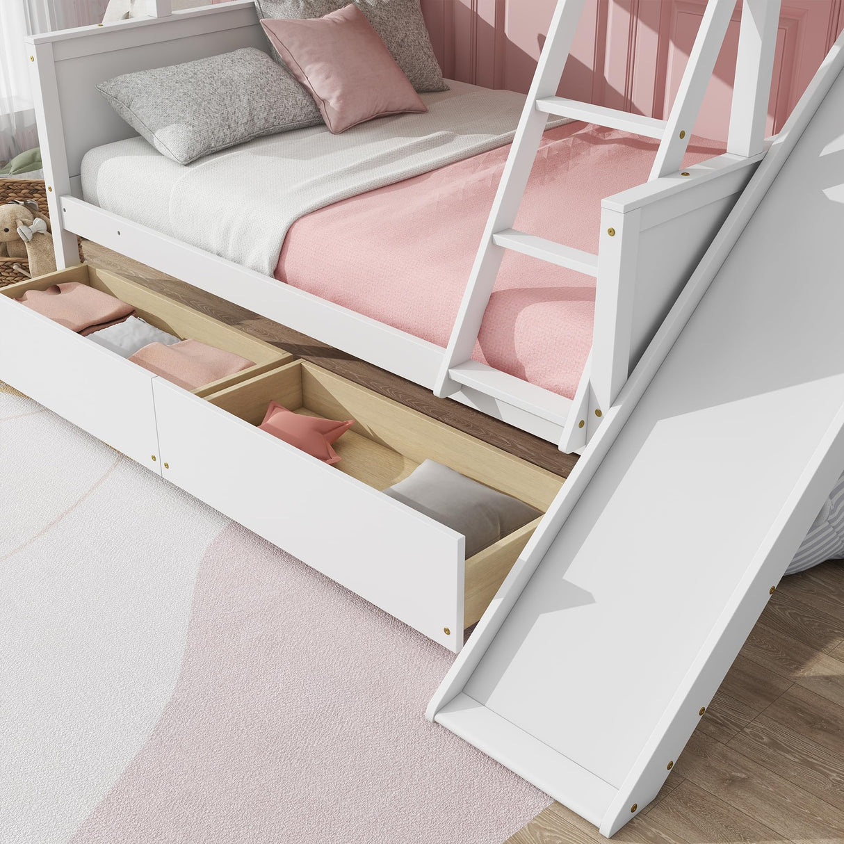 Bellemave Bunk beds Twin Over Full Size Slide and Stair, bunk Bed with Storage, Twin Over Full bunk beds for Kids, Floor bunk Bed, Low bunk Bed for Kids，White Bellemave