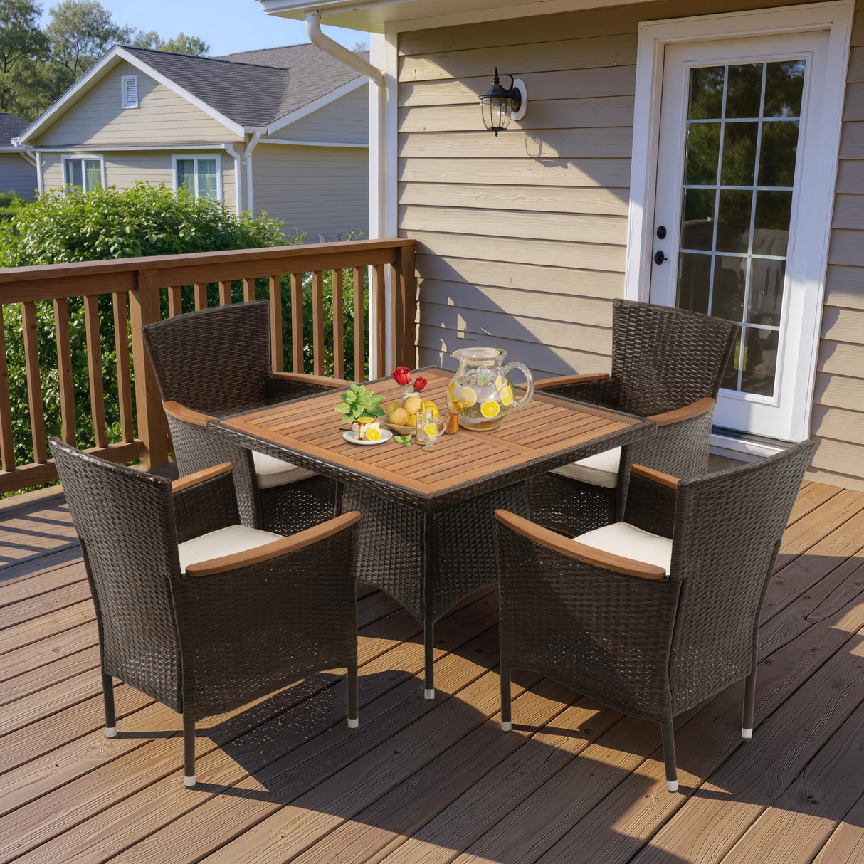 Wisteria Lane Patio Outdoor Table and Chairs Set, Rattan Outdoor Patio Furniture Set with Removable Cushions, Outdoor Patio Dining Sets with Acacia Wood Tabletop for Deck Garden Backyard, Brown Wisteria Lane