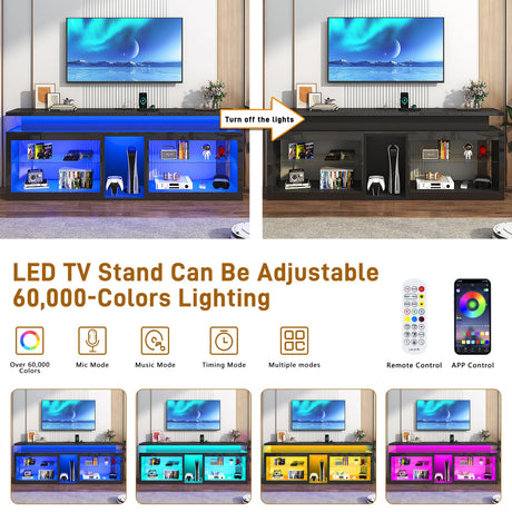 71" LED TV Stand with Power Outlet,60-Colors LED Lights for 65 70 80 in TV,High Gloss Gaming Entertainment Center w/Adjustable Shelves,Black TV Console with Modern Design for Living Room Bedroom Hlivelood