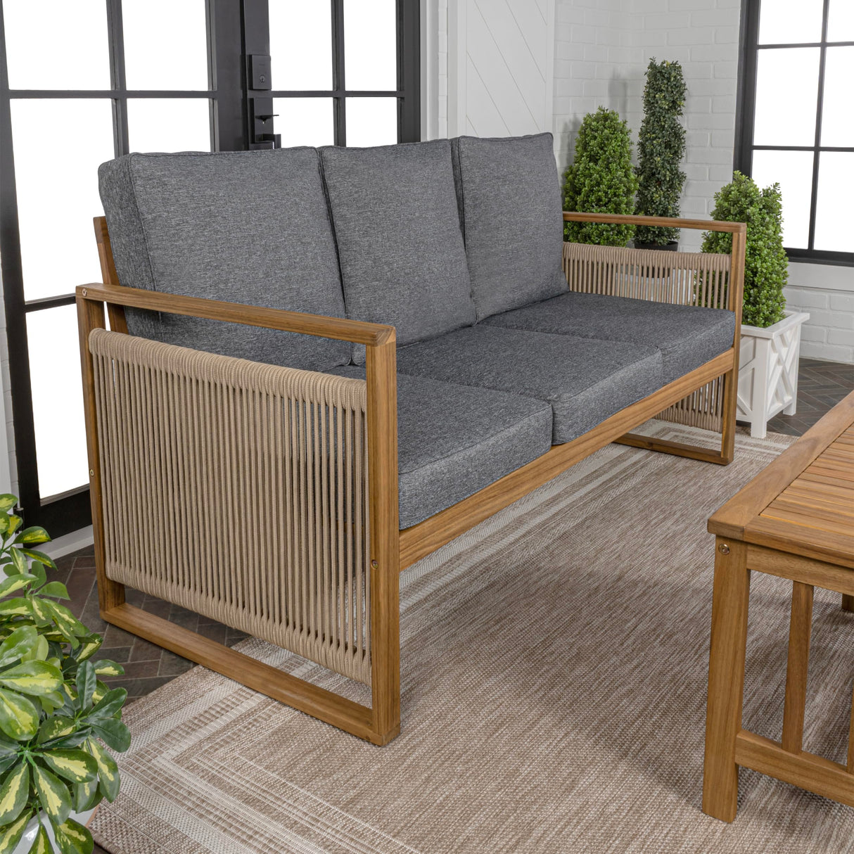 JONATHAN Y SFB1002B Gable 3-Seat Mid-Century Modern Roped Acacia Wood Outdoor Sofa with Cushions Scandinavian, Classic, Transitional, Industrial for Backyard, Patio, Porch, Gray/Teak Brown JONATHAN Y