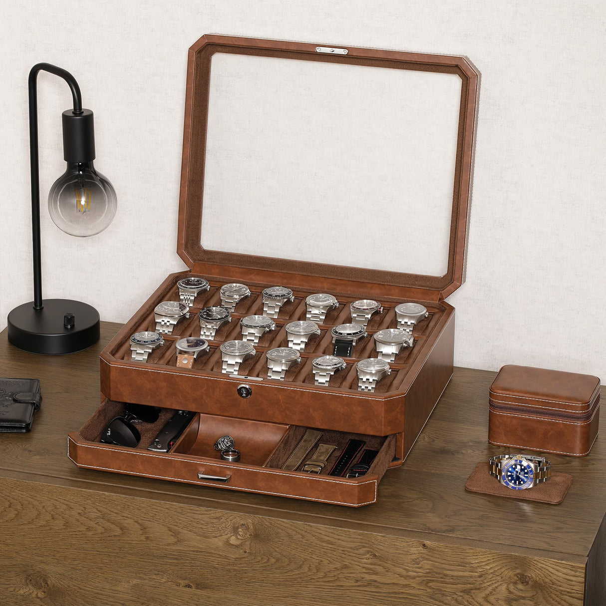 ROTHWELL 18-Slot Watch Case with Drawer – Luxury Watch Box for Men, Real Glass Top, Lockable, Display Case for Collections (Tan/Brown) ROTHWELL