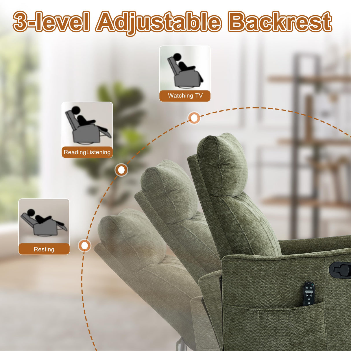 Manual Swivel Rocker Recliner Chair for Adults, Overstuffed Glider Chair for Nursery with Massage and Heat, Living Room Reclining Chair, Fabric Green Luxlen