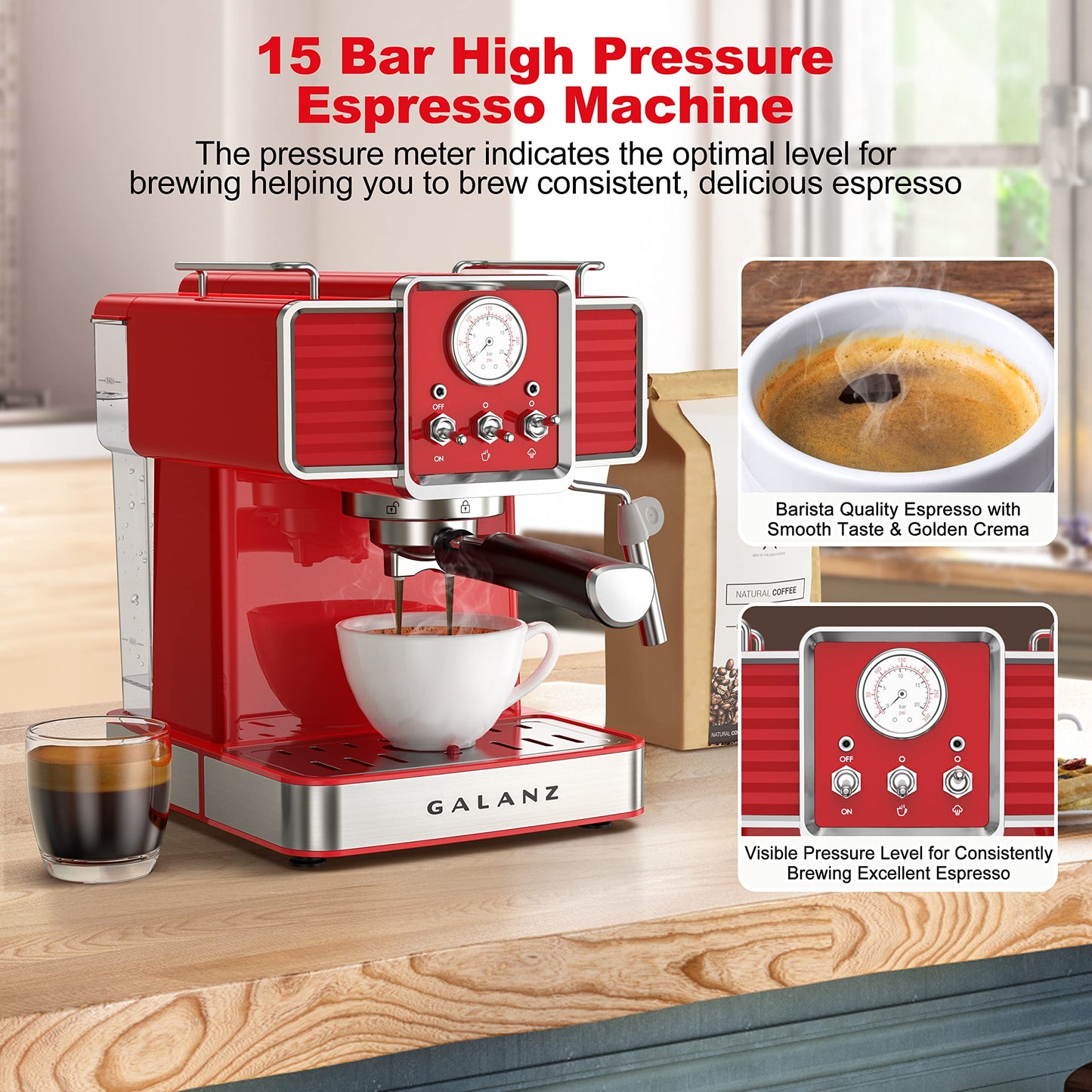 Galanz Retro Espresso Machine with Milk Frother, 15 Bar Pump Professional Cappuccino and Latte Machine, 1.5L Removable Water Tank, Retro Red, 1350 W