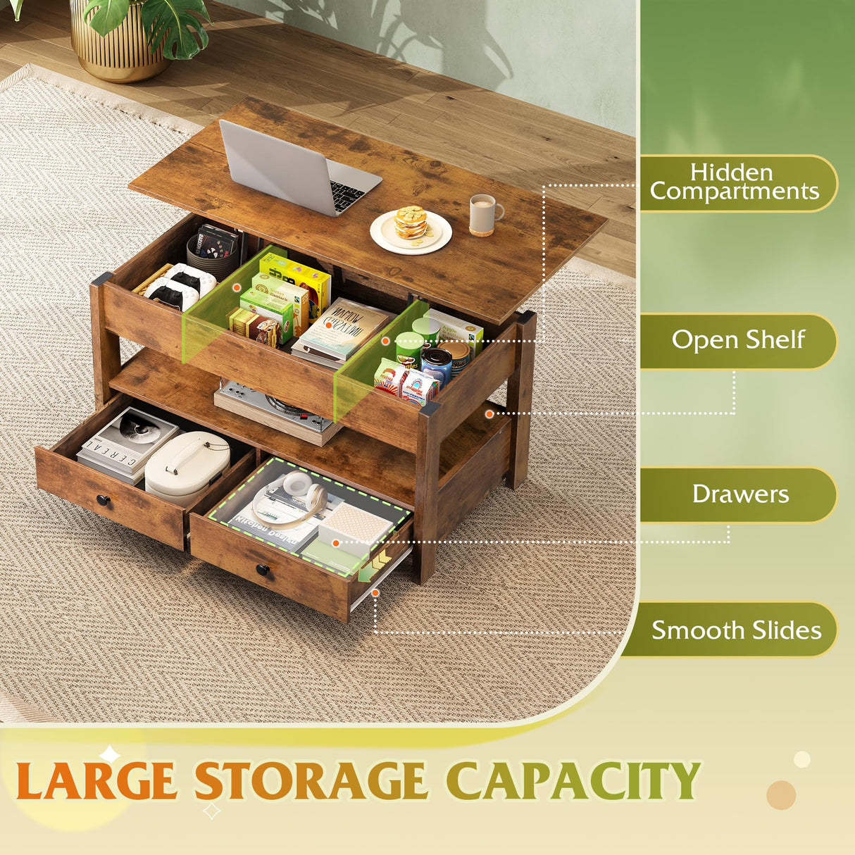 WLIVE Coffee Table, Lift Top Coffee Table with 2 Drawers, Large Storage and Open Shelf, Lift Tabletop for Living Room, Rustic Brown WLIVE