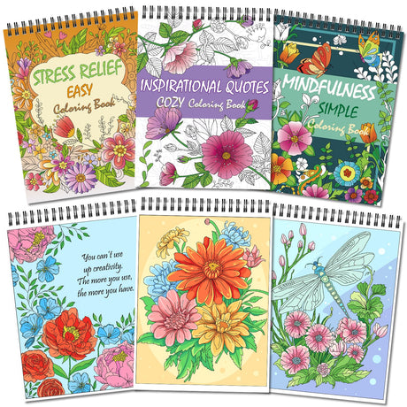 Kalysky Easy and Cozy Adult Coloring Book Set, 3 Stress Relief Coloring Books for Adults Relaxation, Flower Inspirational Quotes Coloring Books Kalysky
