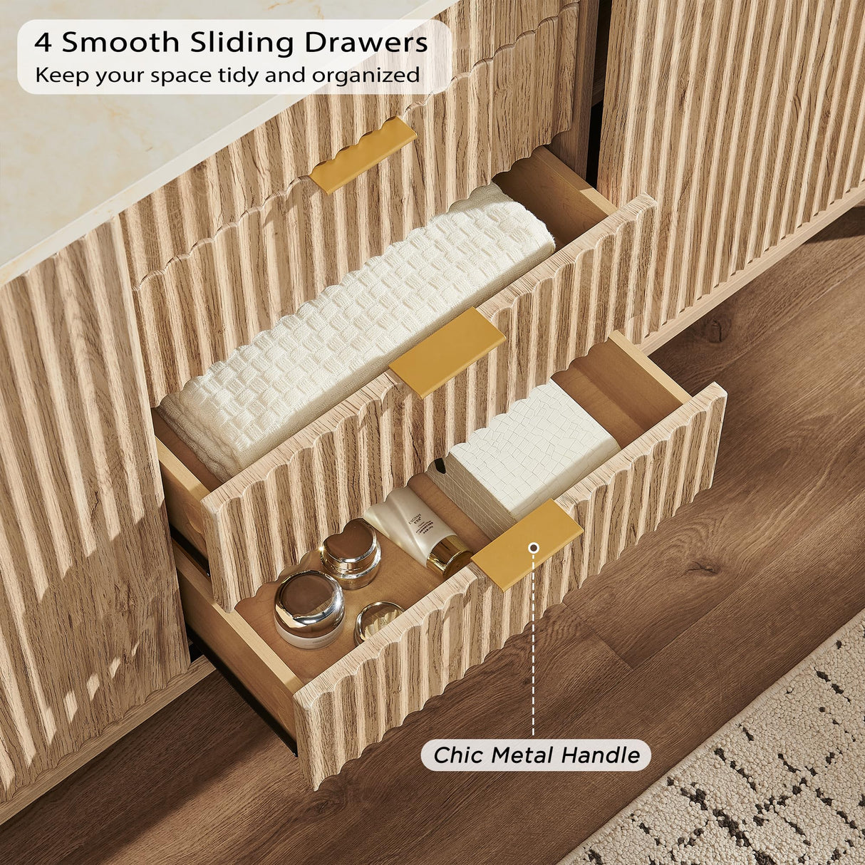 T4TREAM 60" Fluted Dresser with Sliding Doors and 4 Drawers, Modern Chest w/Faux Marble Top, Curved Profile Design, Dresser TV Stand, Wood Drawer Organizer for Bedroom, Living Room, Natural Oak T4TREAM