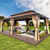 MELLCOM 12' x 24' Hardtop Gazebo,Galvanized Steel Metal Double Roof Aluminum Gazebo with Curtain and Netting,Brown Permanent Pavilion Gazebo with Aluminum Frame for Patios,Gardens,Lawns MELLCOM