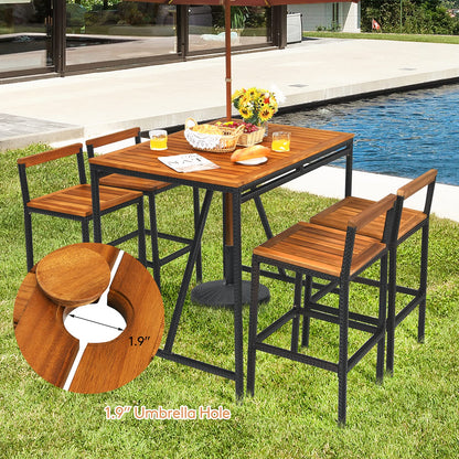 Tangkula 5-Piece Black Acacia Wood Bar Table Set with Rattan Stools and Umbrella Hole for Outdoor Spaces