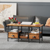 Furologee 35" Coffee Table with 2 Storage Drawers, Small Coffee Tables for Living Room, Industrial Center Table with 2 Tier Storage Shelf, Rustic Brown Furologee