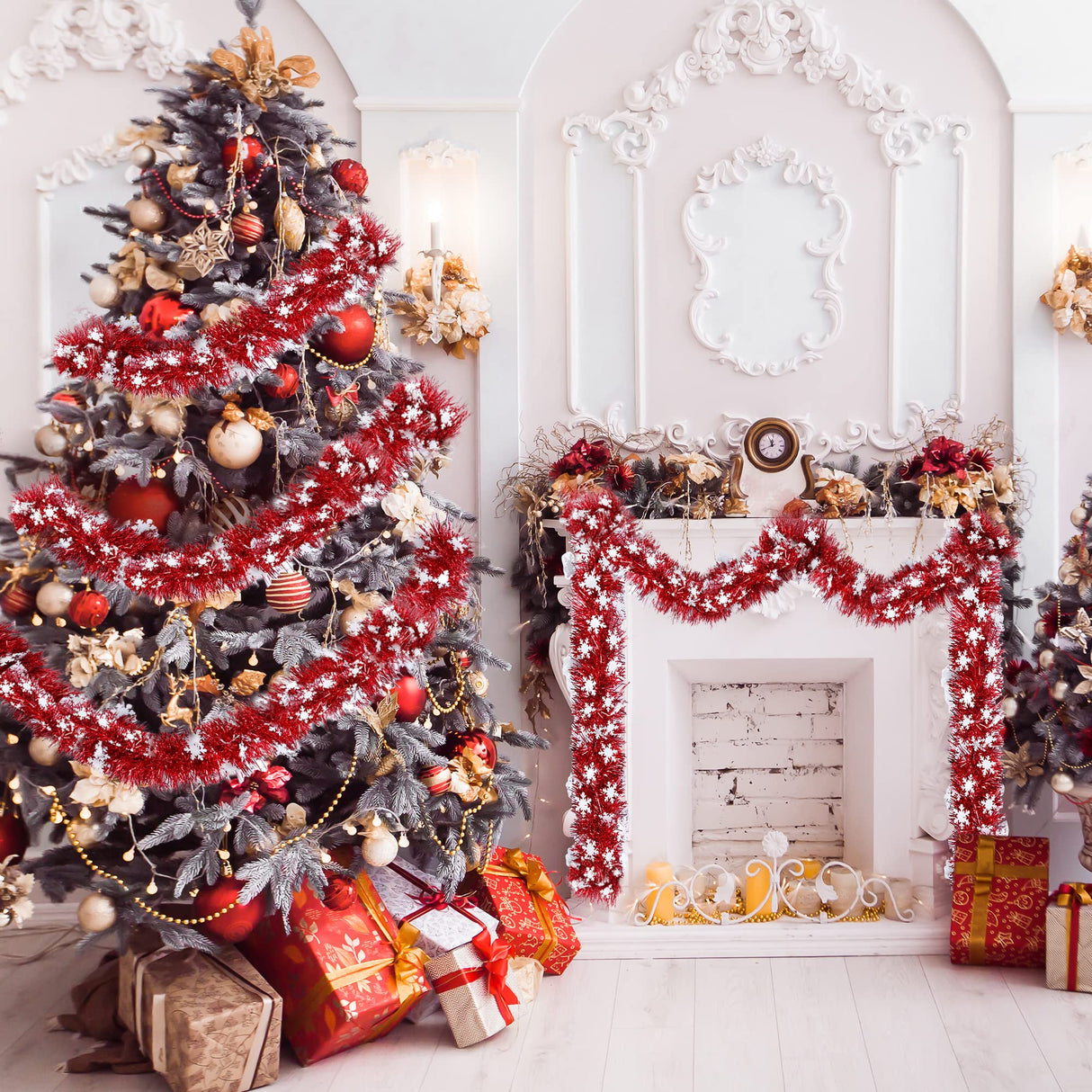 Sggvecsy 32.8Ft Christmas Snowflake Tinsel Garland Xmas Tree Decorations Red Christmas Metallic Twist Garland Ceiling Hanging Decorations for New Year Party Birthday Holiday Indoor Outdoor Supplies Sggvecsy