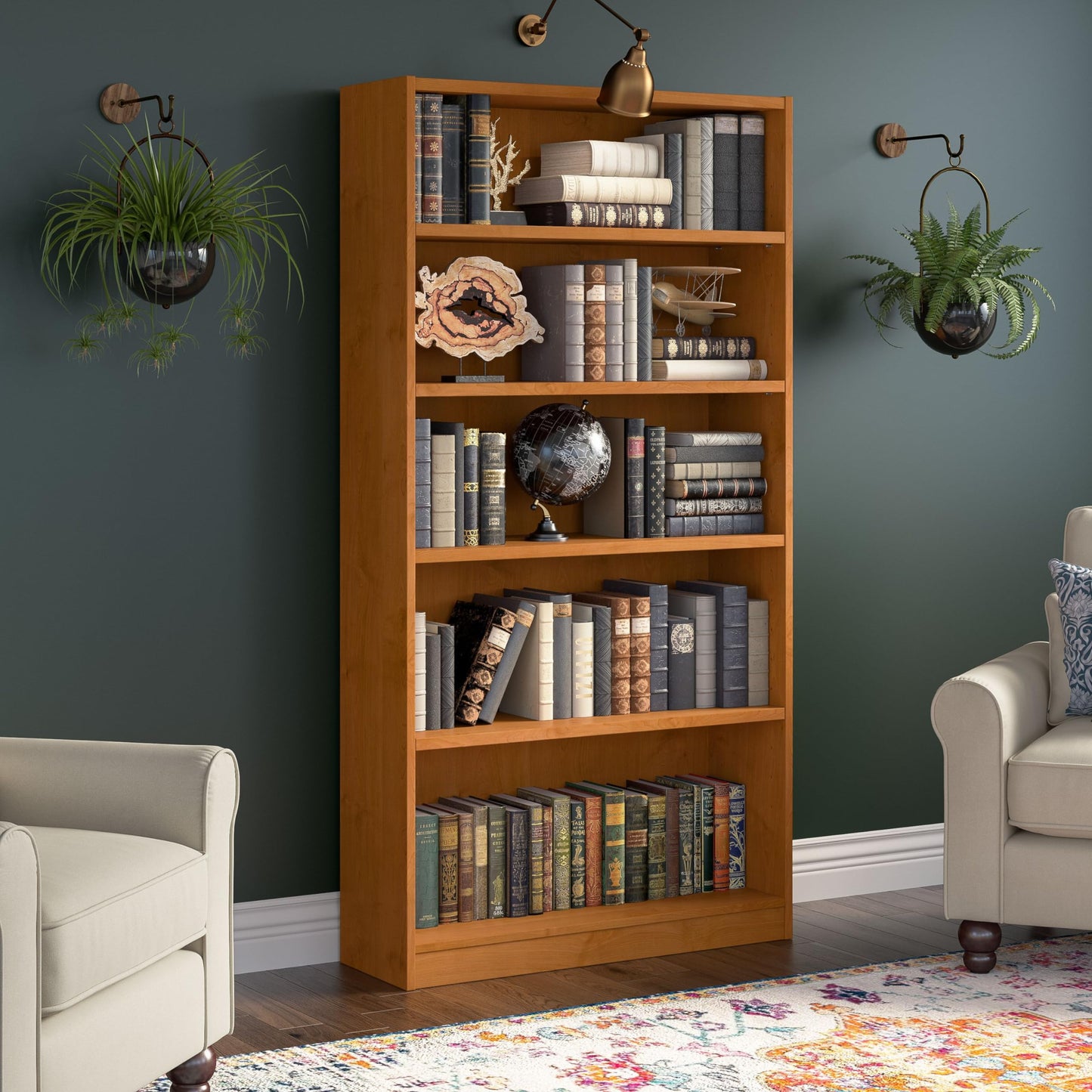 Bush Furniture Universal Tall 5 Shelf Bookcase in Natural Cherry - WoodArtSupply